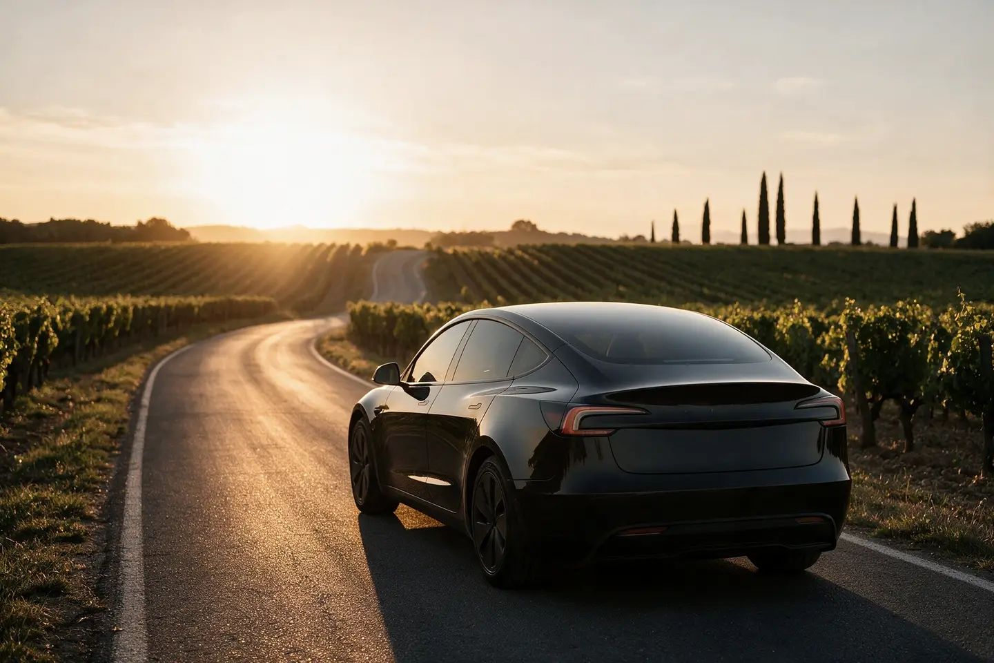La Tesla Model 3 noire d’ELYSIA vue de dos sur une route traversant les vignes de Provence au coucher du soleil