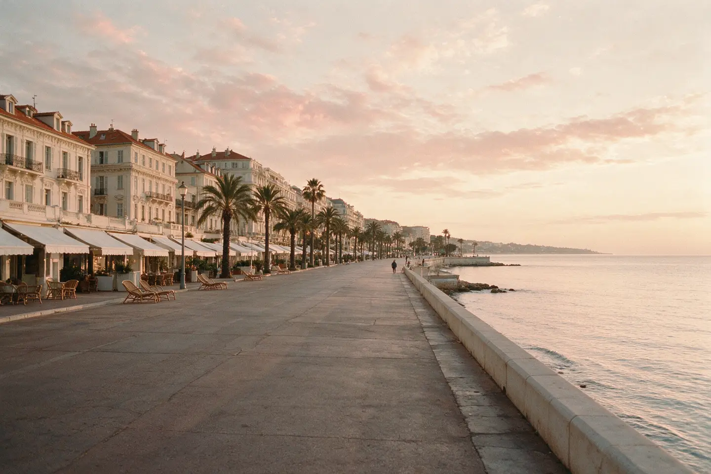 Un boulevard de bord de mer de la Riviera au petit matin, deux rangées de palmiers et des façades claires
