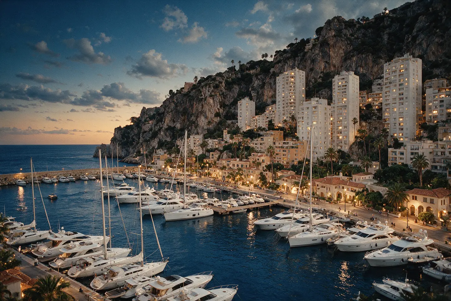 Un port méditerranéen à la tombée du jour, yachts amarrés au pied des immeubles et de la falaise